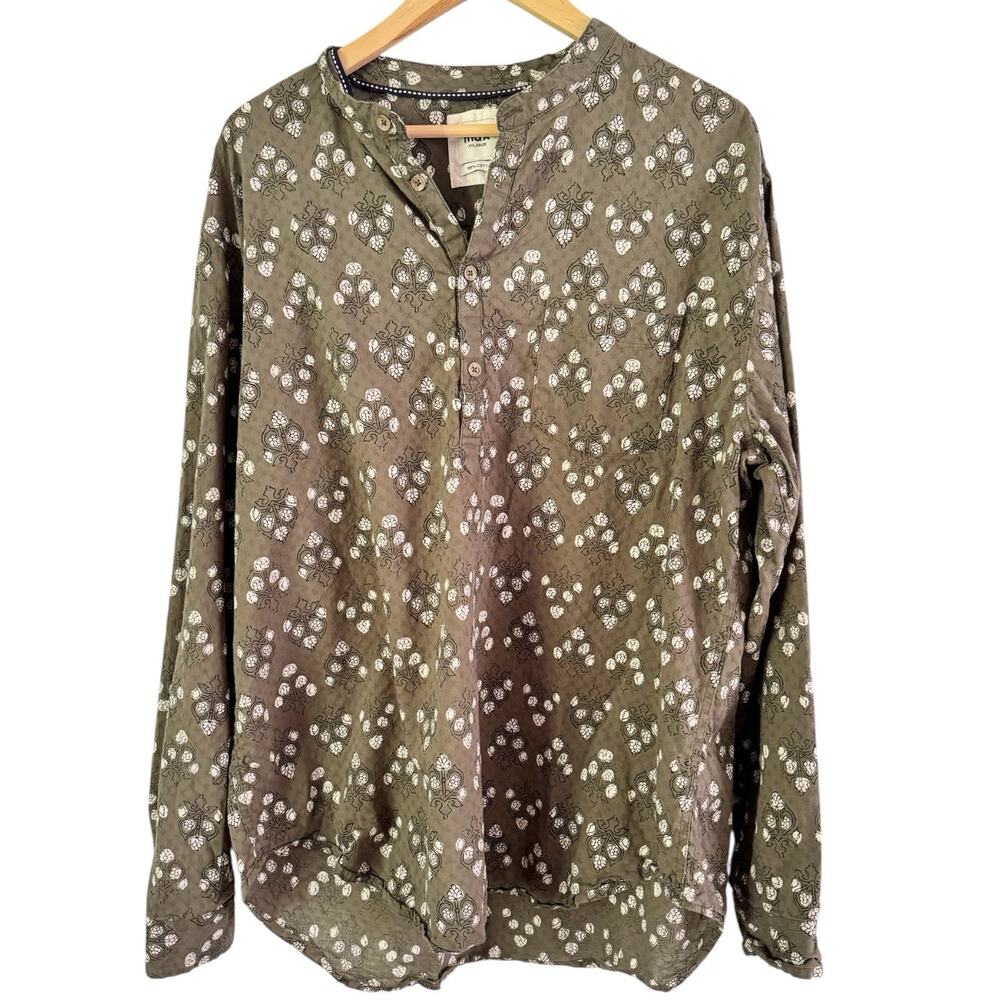 Max Army Green Floral 1/2 Button Cotton Popover Blouse Size 2XL